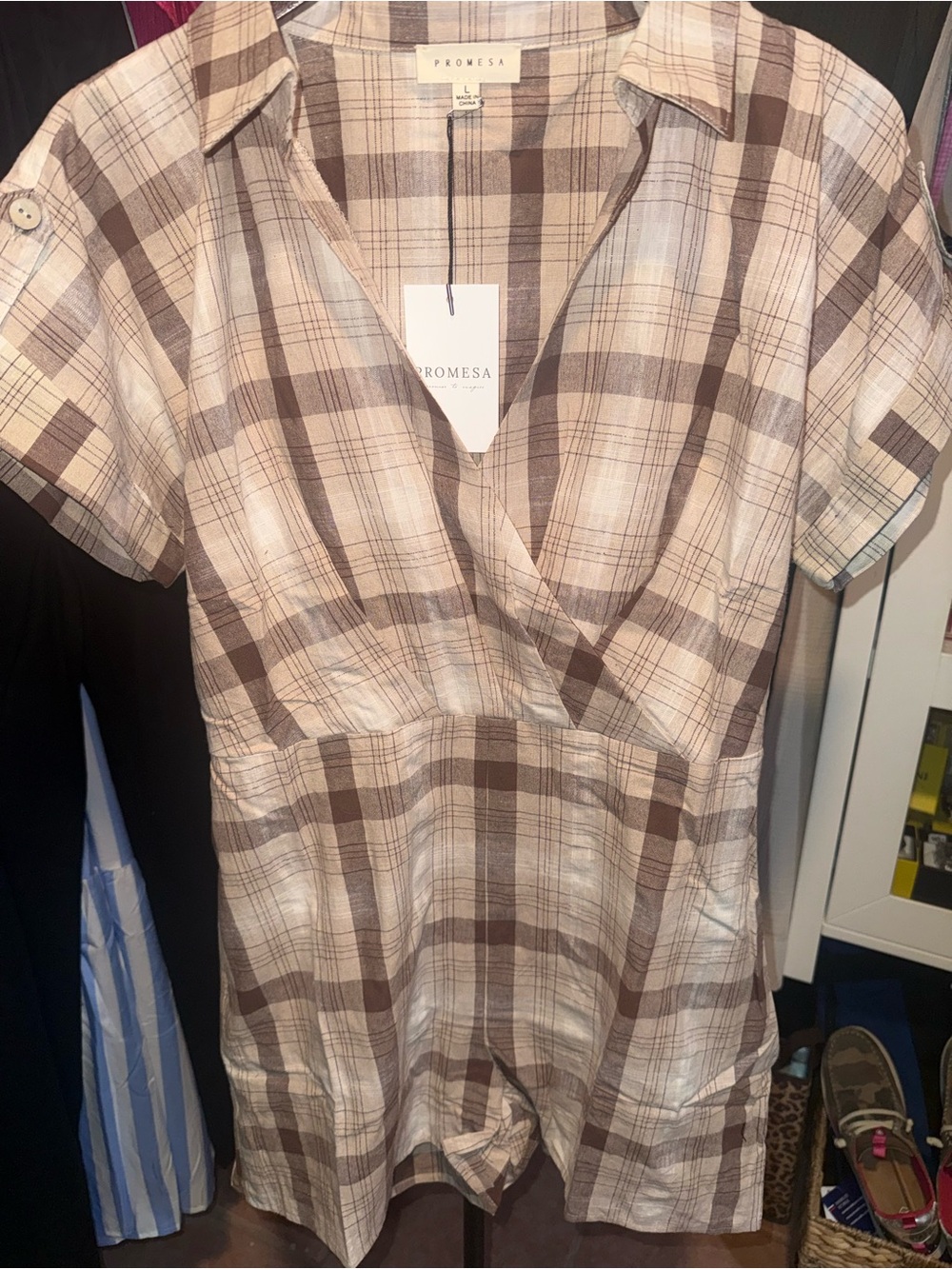 Promesa Plaid Short Sleeve Romper in Beige and Brown Tones